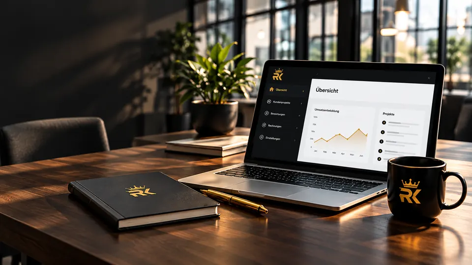 Laptop mit Rating-King-Projektübersicht, Notizbuch und Tasse mit Logo auf einem Holztisch