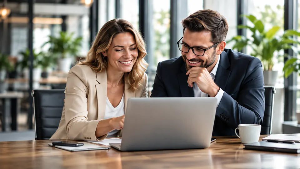 Beraterin und Berater freuen sich gemeinsam am Laptop über positive Kundenbewertungen