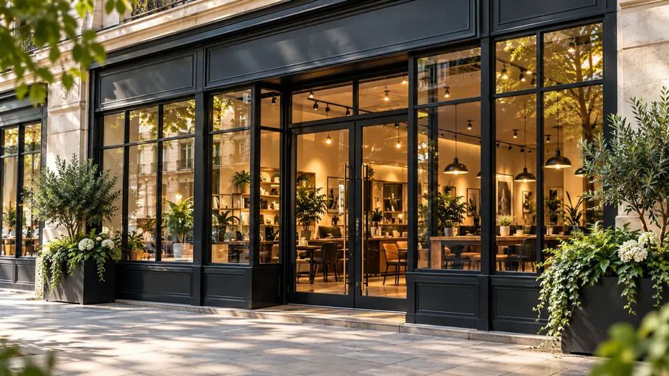 Elegante Boutique mit warm beleuchtetem Schaufenster