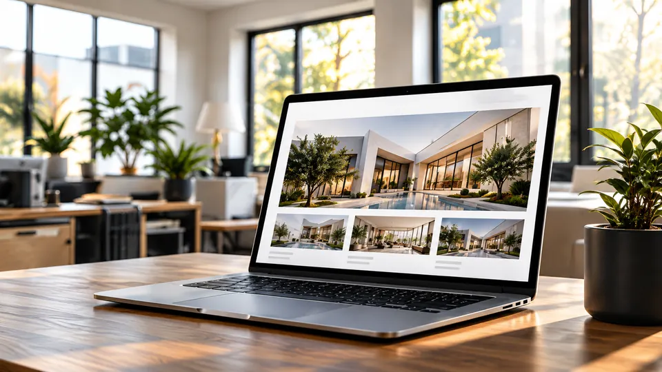 Laptop mit moderner Unternehmenswebsite in einem hellen Büro