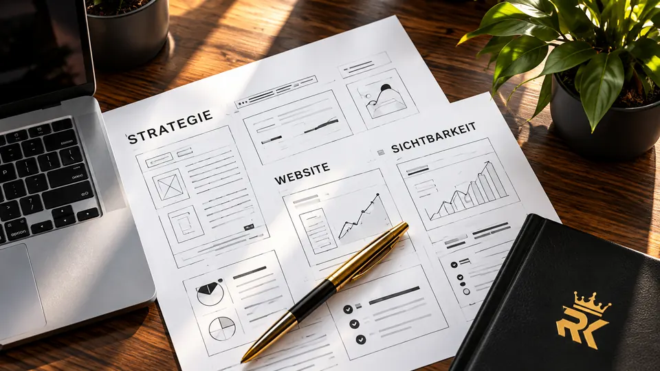 Strategie-Unterlagen zu Website und Sichtbarkeit mit goldenem Stift