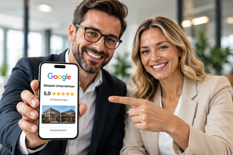 Berater und Beraterin zeigen auf dem Smartphone ein Google-Unternehmensprofil mit 5,0 Sternen (Beispielansicht)