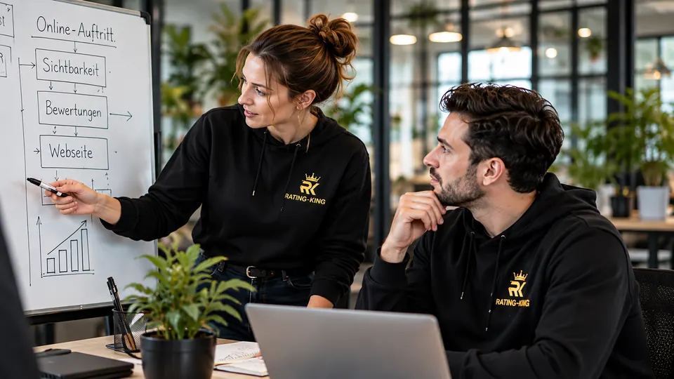 Rating-King-Teammitglieder planen den Online-Auftritt eines Kunden am Whiteboard